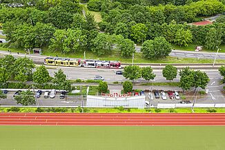 Tram passes in front of Kaufland Erfurt