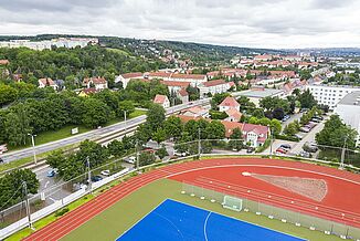 Part of REGUPOL tartan track on Kaufland Erfurt sports roof